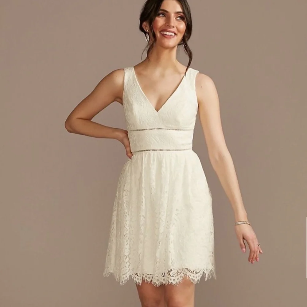 LAST CHANCE! DB Studio White Lace V Neck Bridal Dress - Picture 2 of 11